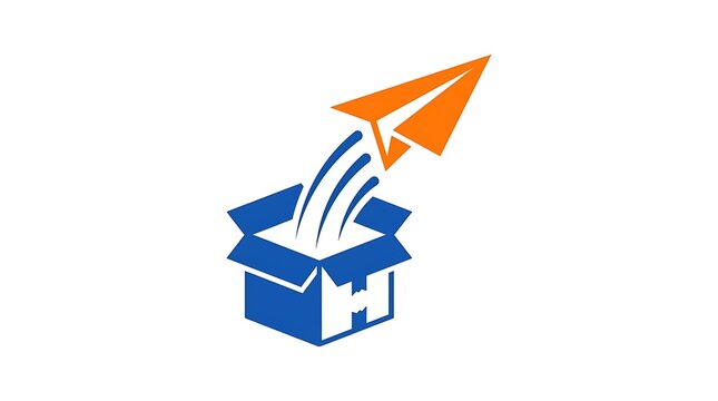 Orange paper airplane flying out of a blue open shipping carton box represented as a simple modern minimalist vector logo design for logistics express delivery and fast business shipping services.