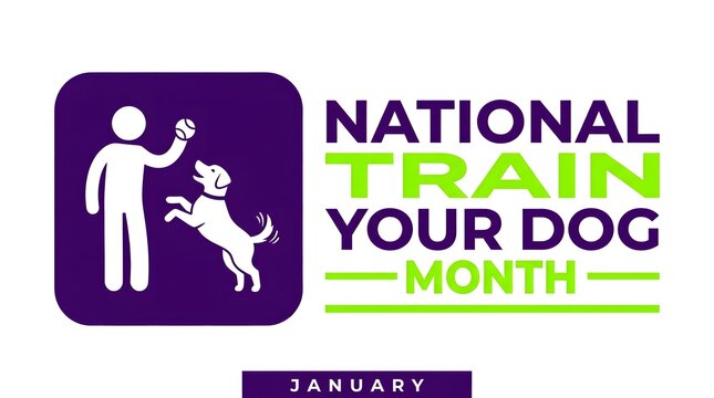 National train your dog month graphic featuring a purple icon of a person training a puppy with text in january