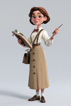 Stylized 3D female teacher with glasses holding an open book and pointer on a clean neutral background