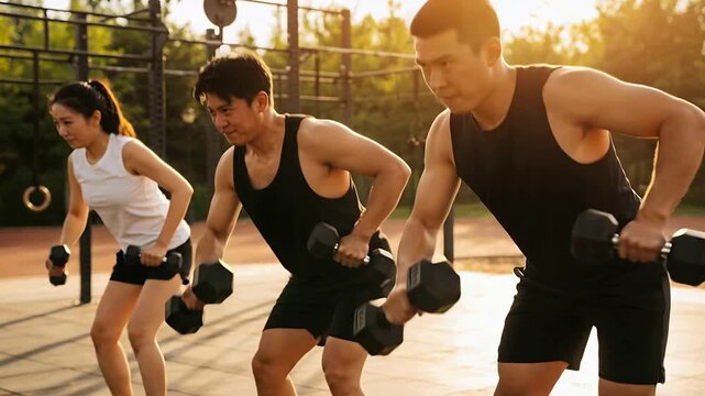 Pulling trio starting bent pose, rowing at park for strength in athletic tops with hex dumbbells