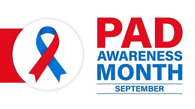 Peripheral artery disease awareness month graphic featuring a red and blue awareness ribbon on a white background for september health