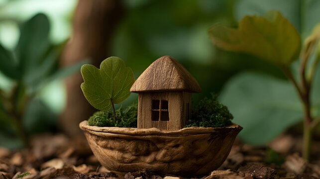 A miniature wooden house nestled inside a walnut shell surrounded by moss and a green leaf