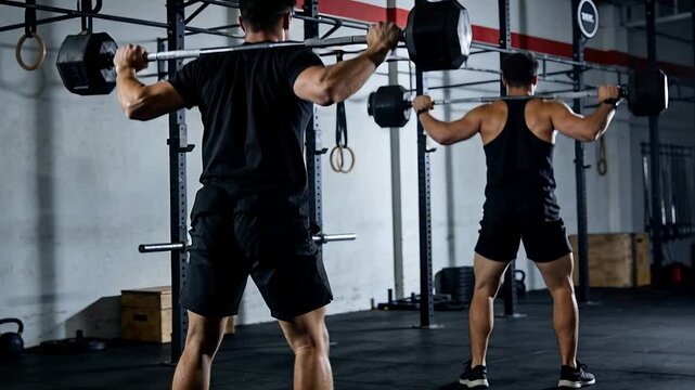Starting with loaded barbell on backs, two men wearing black tees performing squats in gym training