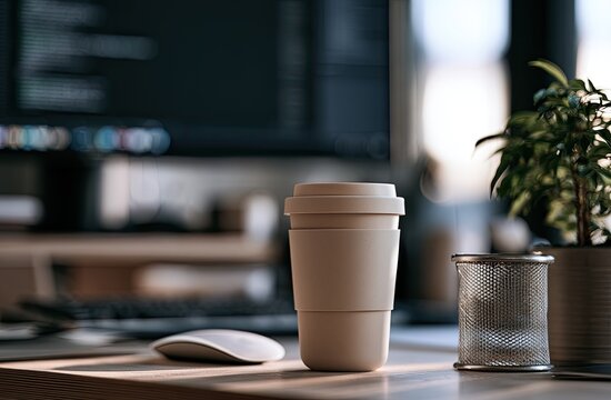 Minimalist workspace with reusable cup, computer, mouse, and plant