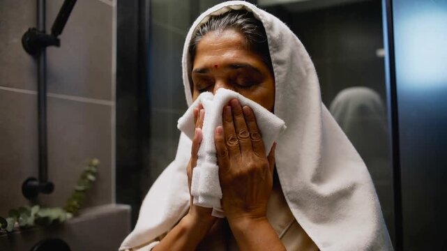Drying after shower, Indian woman dabbing white towel on face in shower, beige robe, eucalyptus