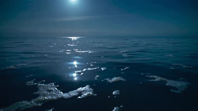 Casting moonlight, full moon sending reflection across open sea, illuminating floating foam patches