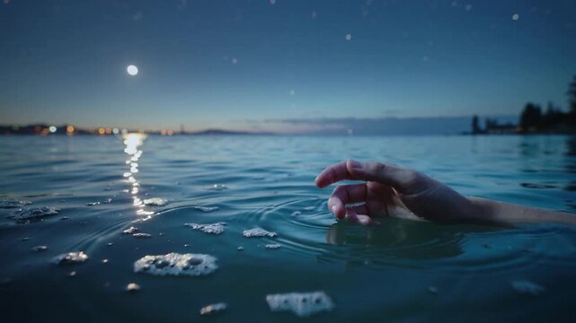 Sliding bare arm from right, rotating fingers skimming lake, rippling moon reflection, copy space