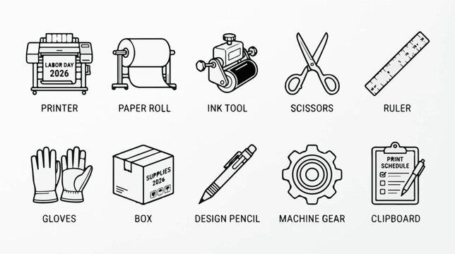 Labor Day printing worker icons vector icon set, professional editable SVG illustration collection for business, industry, workplace, technology and modern design projects with clean symbols, isolated