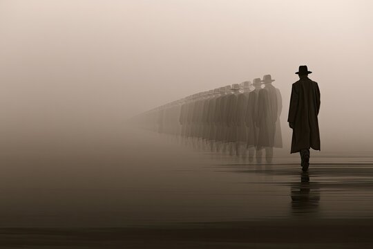 Solitary figure walks into a long line of shadowy duplicates