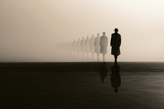 Figures in fedoras and coats march in a line into foggy distance