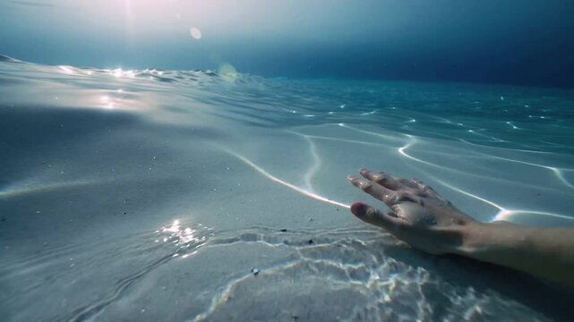 Entering bare hand sliding, feeling sand at shore, with sun glint, painted nails, ring, copy space