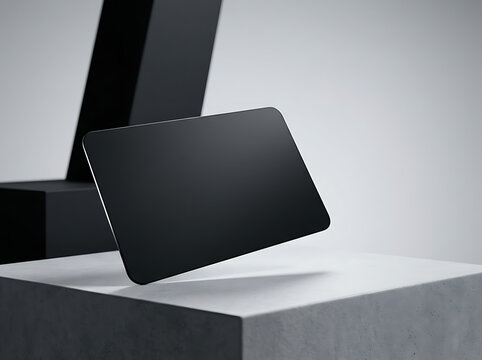 Modern black tablet device resting on concrete steps with sleek stand transparent background