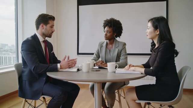 Leaning forward, man in navy suit explaining and gesturing at round table women noting on notepad