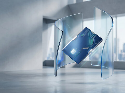Modern futuristic smartphone held by transparent curved glass stands transparent background