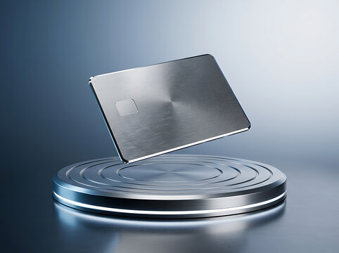 Modern metallic smartphone placed on circular stand with reflective surface transparent background
