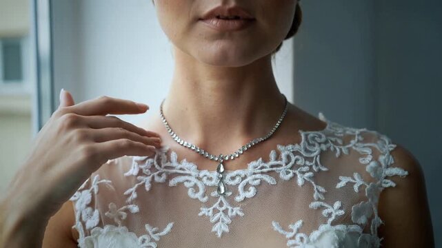 Noticing pendant off-center, woman in white lace dress adjusting beaded necklace near window