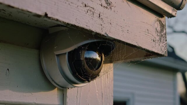Pulling back viewpoint revealing dome security camera under peeling eave, catching spiderweb sheen