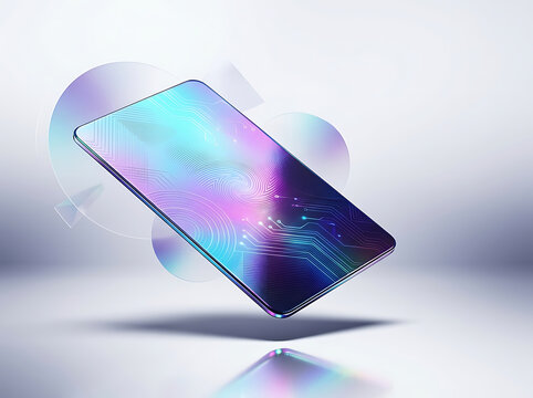 Modern smartphone displaying futuristic circuit board design on screen transparent background