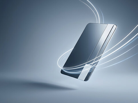 Modern smartphone floating with futuristic light trails design effect transparent background