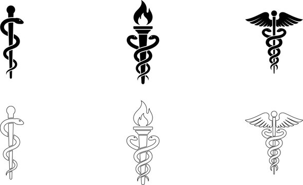 Set of medical symbols including the rod of asclepius and caduceus icons in black and white outline styles