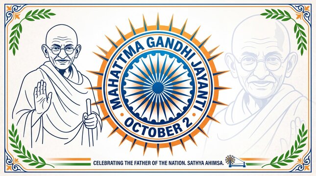 Mahatma Gandhi Line Art Portrait With Ashoka Chakra Emblem for Gandhi Jayanti Greeting Banner Design