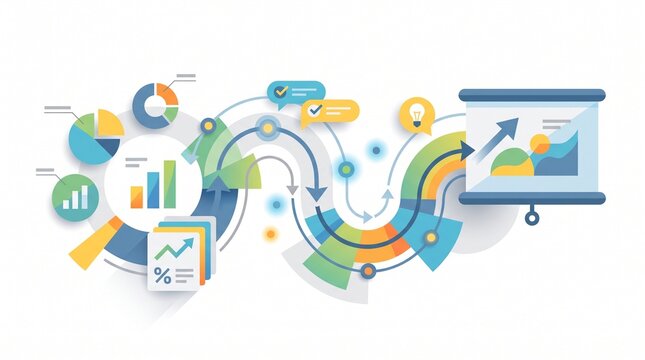 Business data storytelling presentation connecting charts, statistics and key insights into a visual narrative, modern flat design illustration for corporate communication