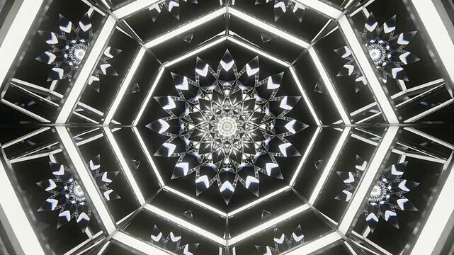 Rotating crystal star shifting on playback in mirrored chamber, showing octagonal light bars