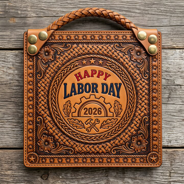 Labor Day Celebration Sign with Industrial Icons on Weathered Wood Planks Background