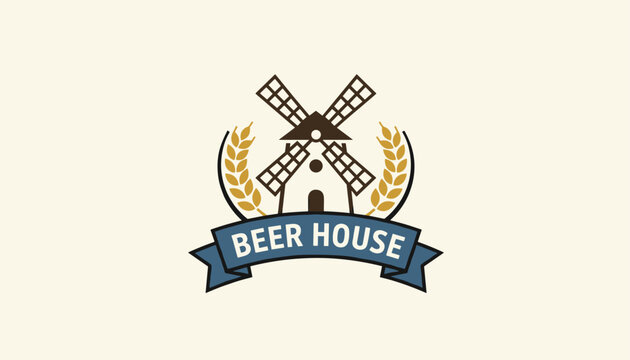 Vintage Beer House logo design featuring a windmill flanked by golden barley ears with text on a blue ribbon.