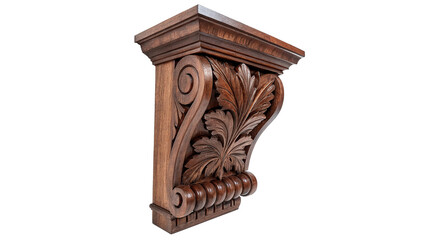 Ornate carved wooden corbel architectural design element isolated on a white background © James