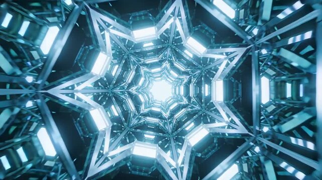 Camera movement pushing forward through center star tunnel with mirrored struts toward bright light