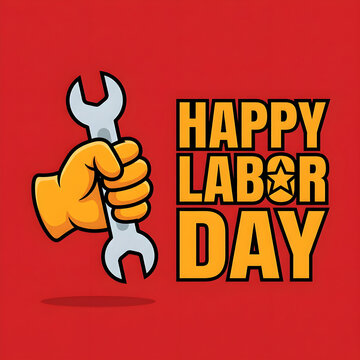 Labor Celebration Concept Hand Holding Wrench with Happy Labor Day Text Red