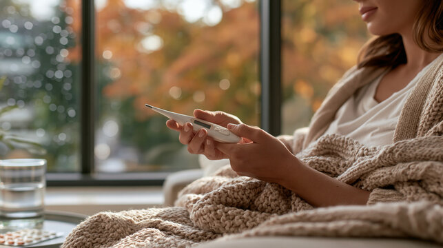 Photorealistic close-up stock visual focusing on a hand holding a digital thermometer showing a mild fever reading. The person is wrapped in a soft knit blanket, sitting near a win