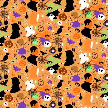 Halloween seamless pattern with ghost, pumpkin, raven, spider web, skull, witch hat, and spooky symbols for fabric, wrapping paper, wallpaper, apparel, stationery, and seasonal decoration. Orange back