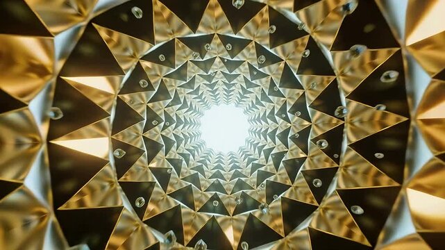 Shifting view pulling gold triangles inward within tube, creating depth drops white light turquoise