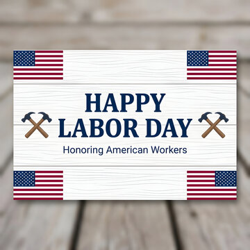 Patriotism Concept American Flag Labor Day Sign with Hammer on Wooden Planks