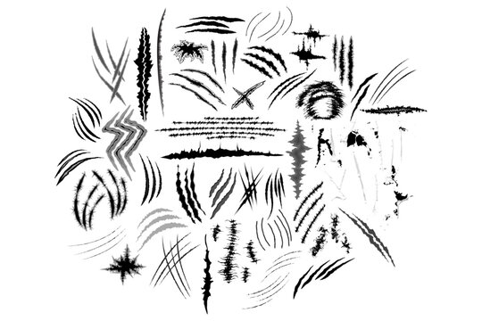 Distinct scratch claw mark vector icons comprehensive collection. Set features various slashes, animal gouges, rough cuts, and damaged surface marks in flat black silhouette style. Elements depict mar