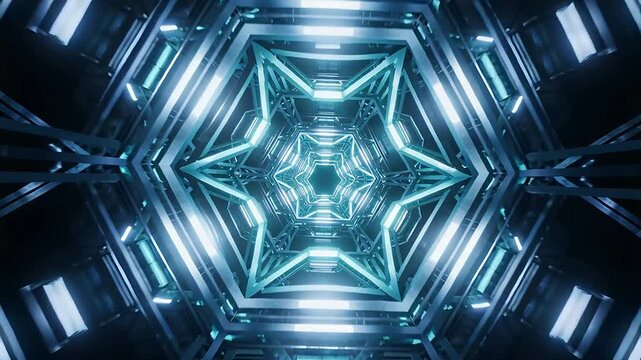 Pulsing light driving central hex star lattice expanding, rotating in corridor with nested frames