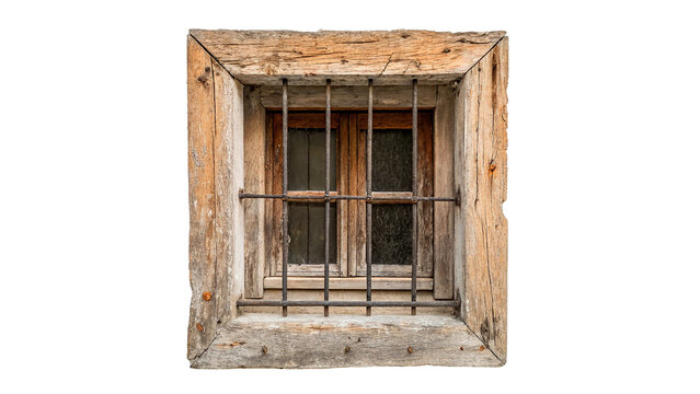 Old vintage rustic wooden window frame with glass isolated on a white background