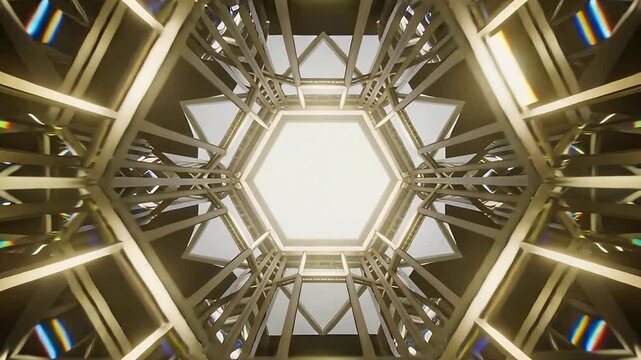 Advancing camera moving forward through hexagonal truss tunnel nearing bright hexagonal LED light