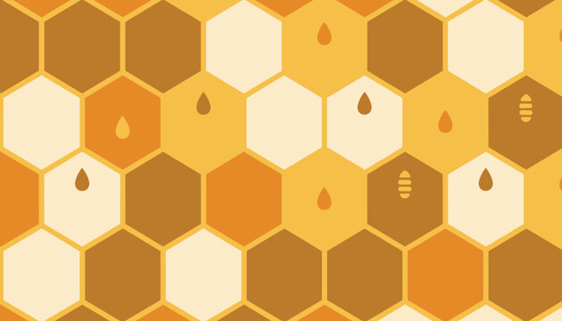 Seamless honeycomb pattern in warm golden brown shades decorated with glossy honey drops and tiny bee larvae.