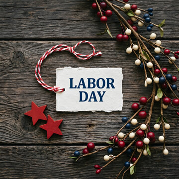 Patriotic Labor Day Tag with Red Stars and Berries on Wooden Planks
