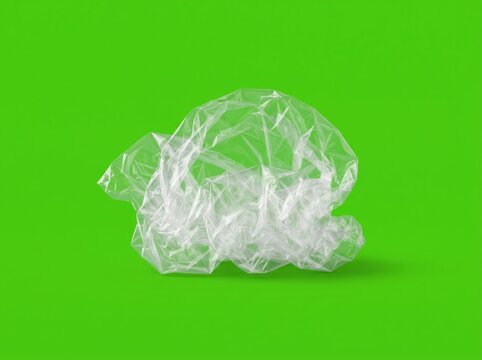 Crumpled Transparent Food Plastic Wrap Isolated on Green