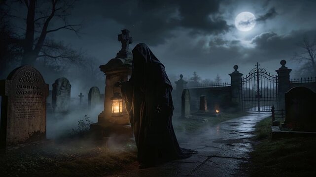 Standing robed figure holding lantern over tomb in cemetery as lightning flashes to read epitaph