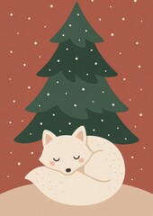 Naklejka premium Cozy fox under snowy tree.