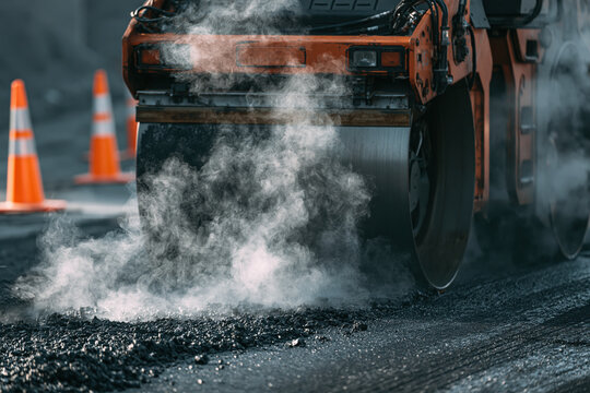 Industrial steamroller flattening hot asphalt on a road construction site