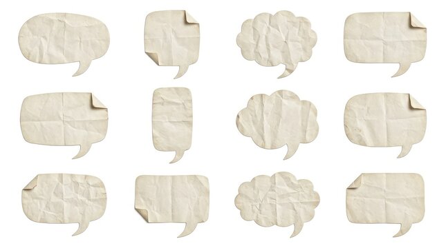 Set of twelve hand drawn speech bubbles with textured paper effect isolated on a white background for your creative design projects