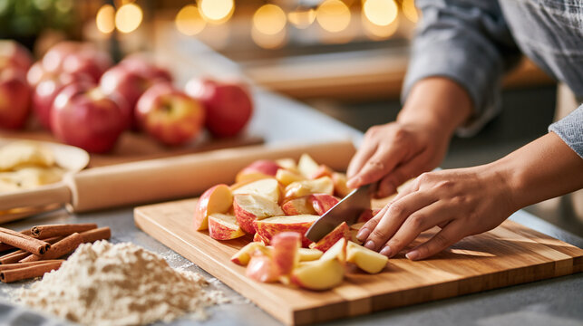 Over-the-shoulder stock visual focusing on hands slicing crisp red apples on a wooden board. Flour, cinnamon sticks, and rolling pin arranged on the kitchen counter, cozy home baki
