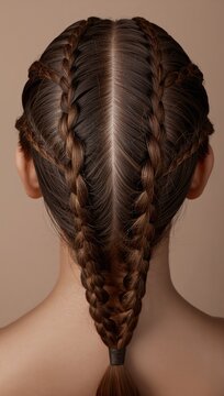 Intricately braided hair styled into two symmetrical Dutch braids merging into a single long braid.