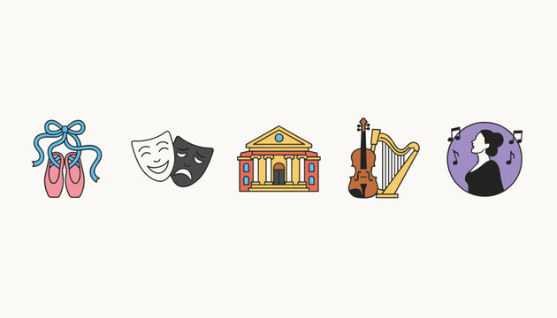 Performing arts colorful icons representing ballet, theater, architecture, classical music, and opera singing.